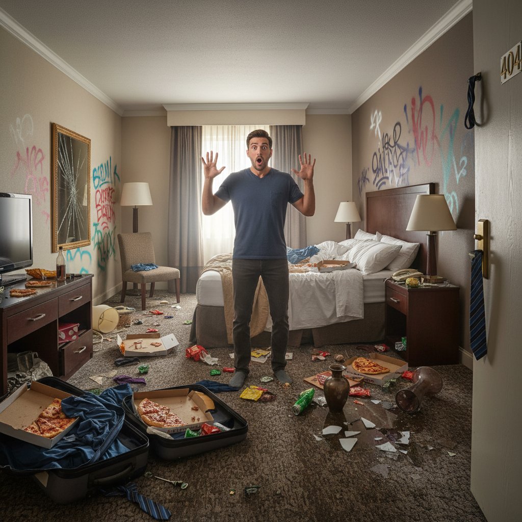 Zszokowany gość w zaniedbanym pokoju hotelowym, emocjonalna reakcja