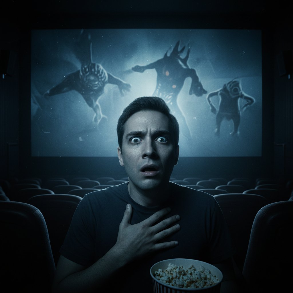 Shocked moviegoer watching disturbing film, eyes wide in dim cinematic light