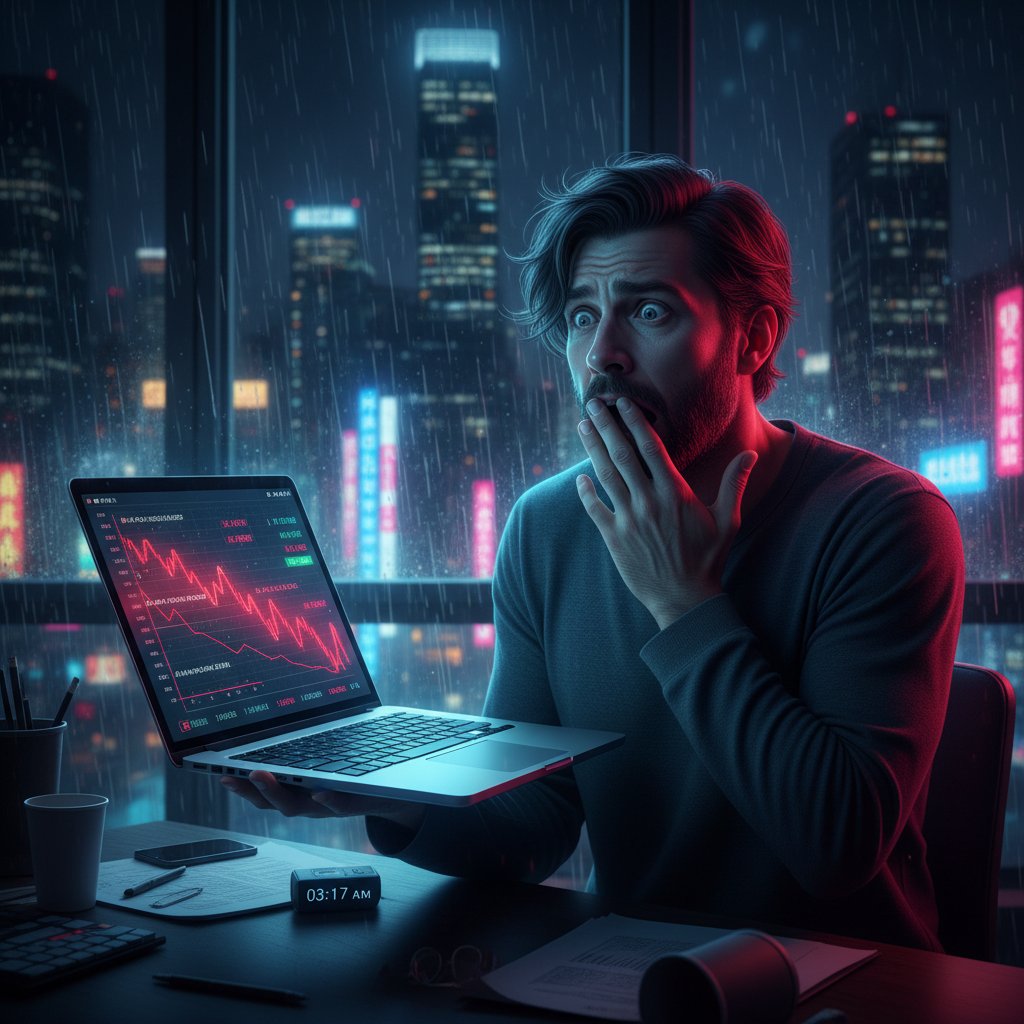 Osoba zszokowana siedzi przy biurku, światło ekranu laptopa oświetla jej twarz, tło to nocne miasto, klimat napięcia