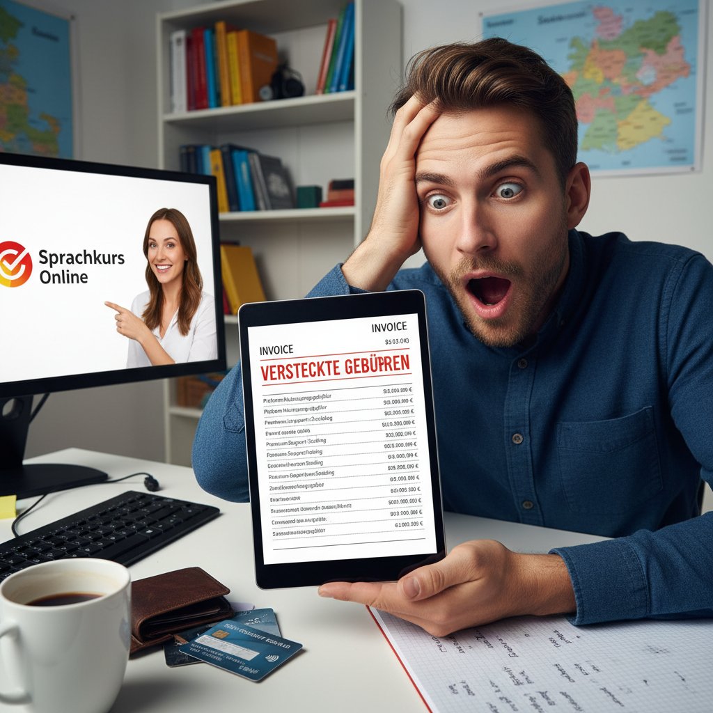 Osoba zaskoczona dodatkowymi kosztami na platformie do nauki niemieckiego, słowa kluczowe: kurs niemieckiego online, ukryte opłaty, transparentność