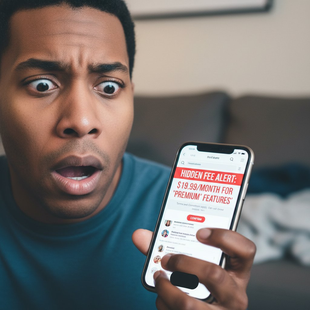 Oszukany użytkownik smartfona, zaskoczony ukrytą opłatą na portalu społecznościowym