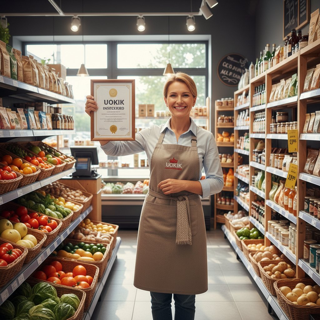 Właściciel sklepu cieszący się z sukcesu po kontroli UOKiK, w tle komputer z wyświetlonym regulaminem