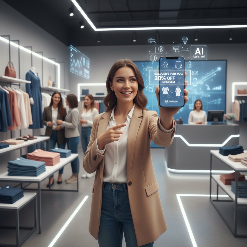 Shopper receives personalized AI offers via mobile in colorful retail store, demonstrating hyper-personalization