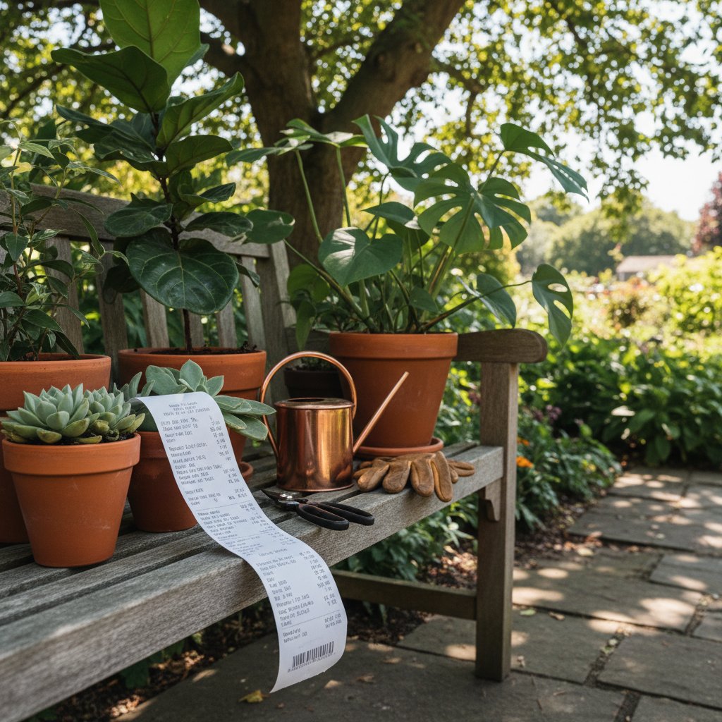 Zbliżenie na paragon z zakupami roślin doniczkowych i akcesoriów ogrodowych