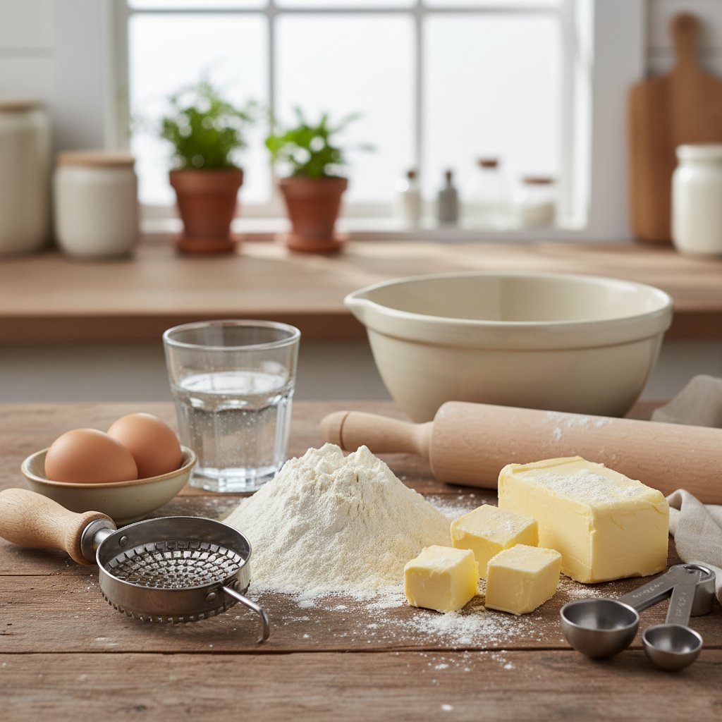 Zestaw produktów i sprzętu do ciasta kruchego: masło, mąka, cukier, żółtka, szklana miska, wałek