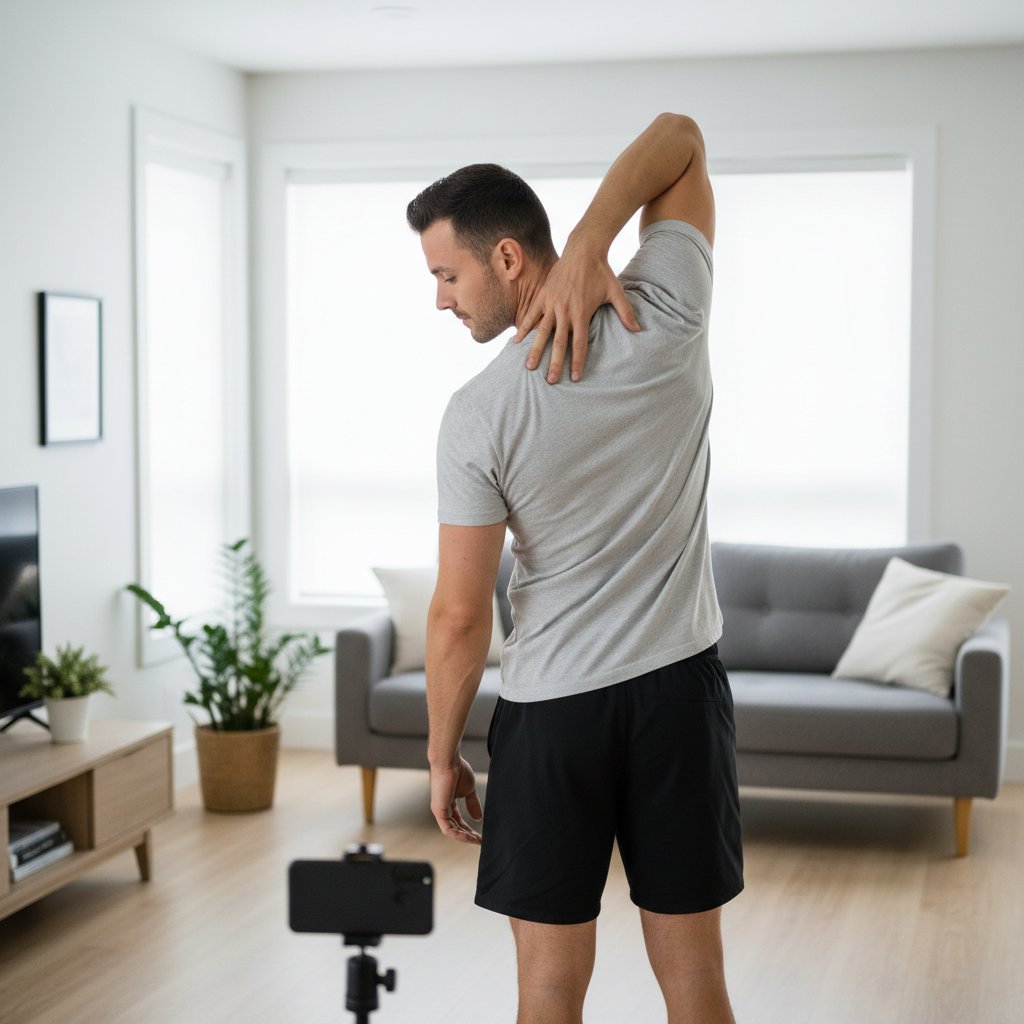 Samodzielny test ruchomości barku w domu; osoba w średnim wieku wykonuje test z uniesioną ręką, słowa kluczowe: shoulder mobility test, home, self-examination