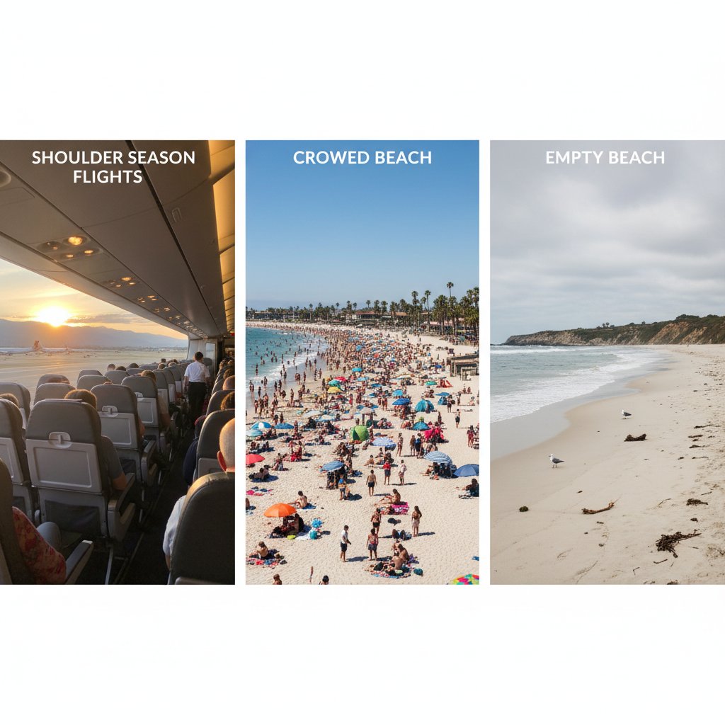Side-by-side comparison of a crowded tourist beach in peak season and a tranquil, empty beach in shoulder season flights context