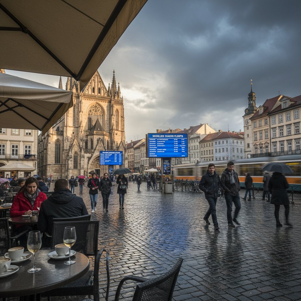 Lush European city square with mixed sun and rain, representing shoulder season flights in Europe