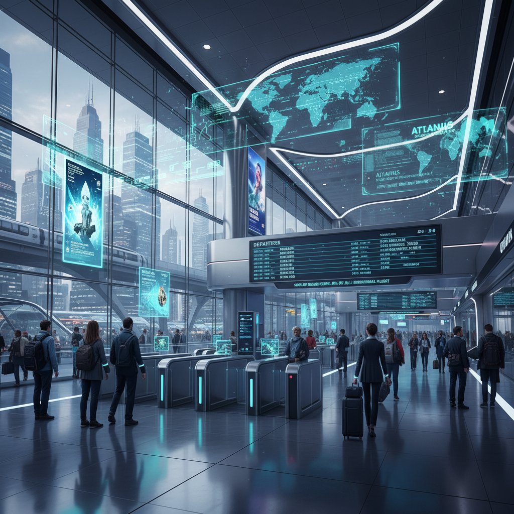 Futuristic airport with digital overlays, diverse travelers, shoulder season flights in the future