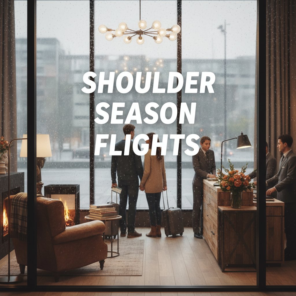 Half-full boutique hotel lobby in rainy weather, shoulder season flights and hotels keyword