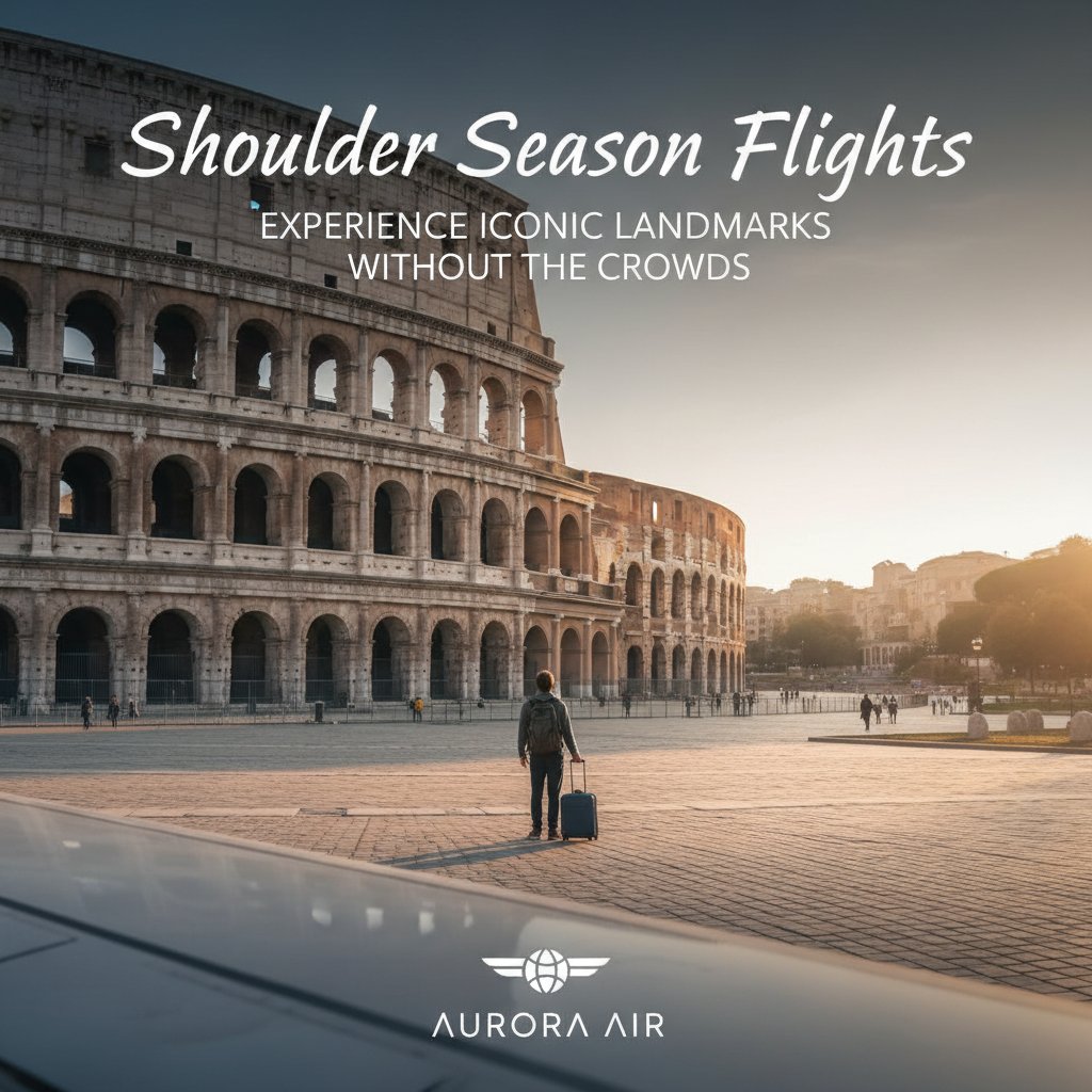 Moody photo of a nearly deserted tourist hotspot, shoulder season flights keyword, iconic landmark empty at dusk