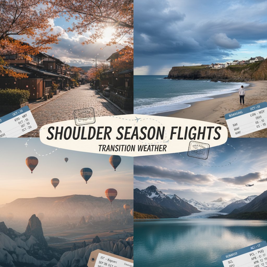 Collage photo of multiple destinations in varied weather, shoulder season flights keyword, transition scenes