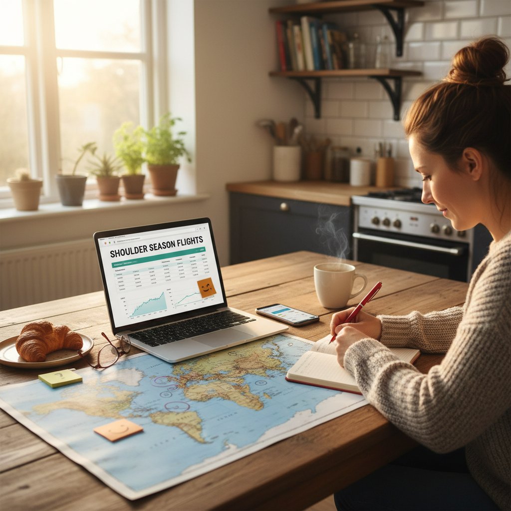Person at kitchen table with map, sticky notes, and laptop, planning shoulder season flights itinerary