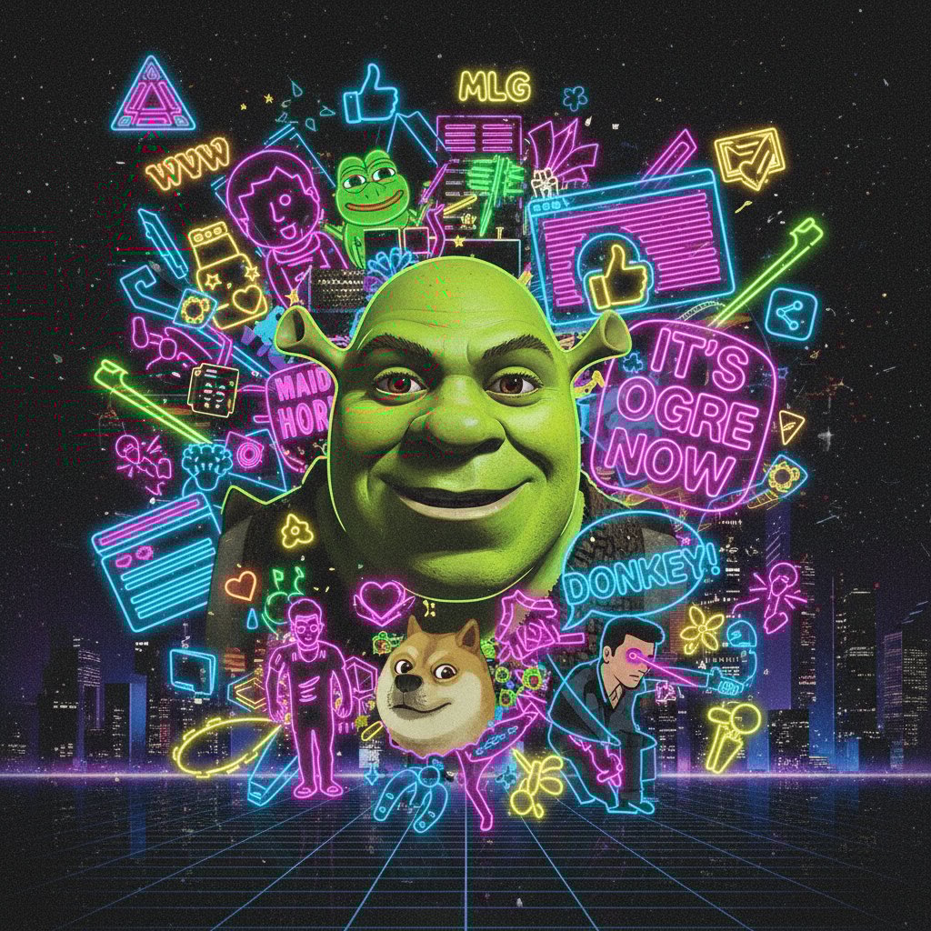 Collage of Shrek in various meme scenarios, surreal pop-culture mural, neon tones