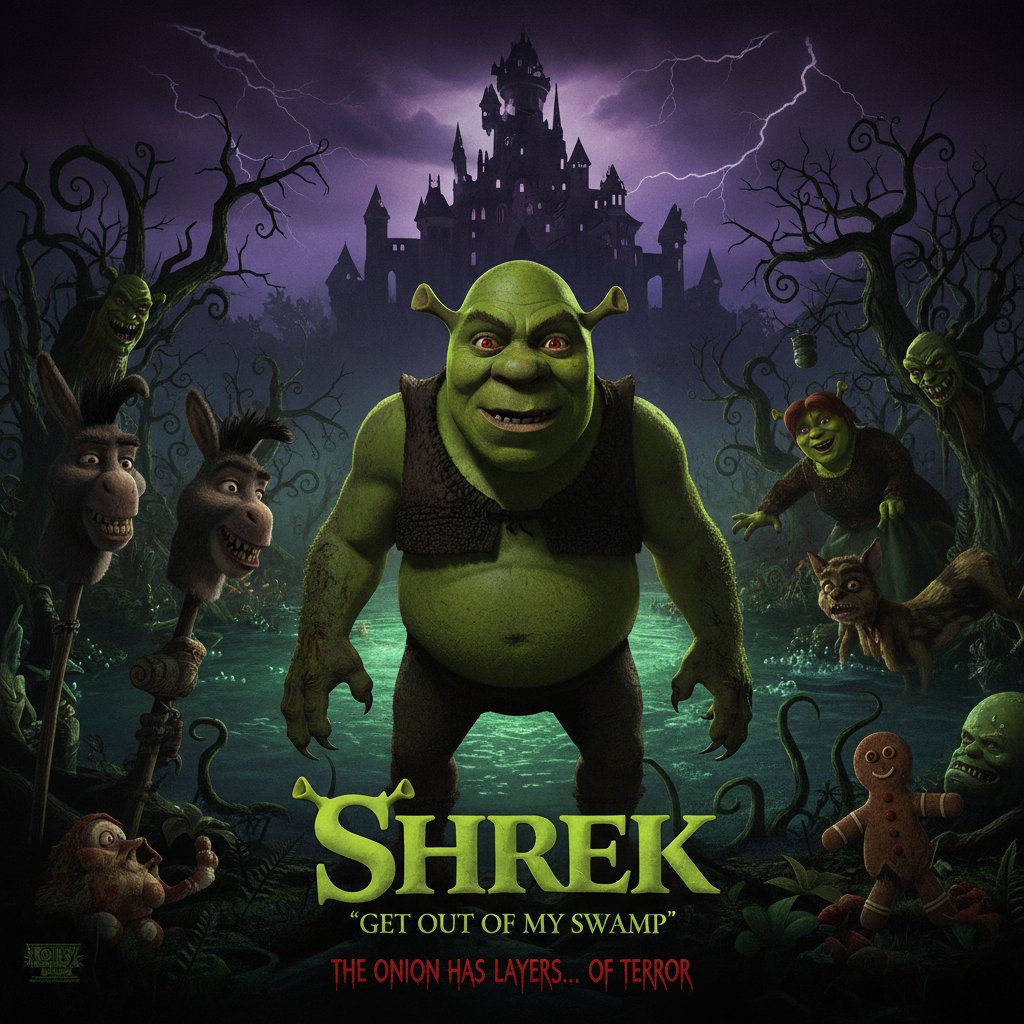 Shrek depicted in a chilling, horror-style movie poster, showing how comedy movies get recontextualized