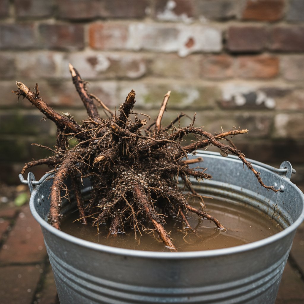 Namaczanie korzeni krzewu w wiadrze, surowe tło, skupienie na detalach