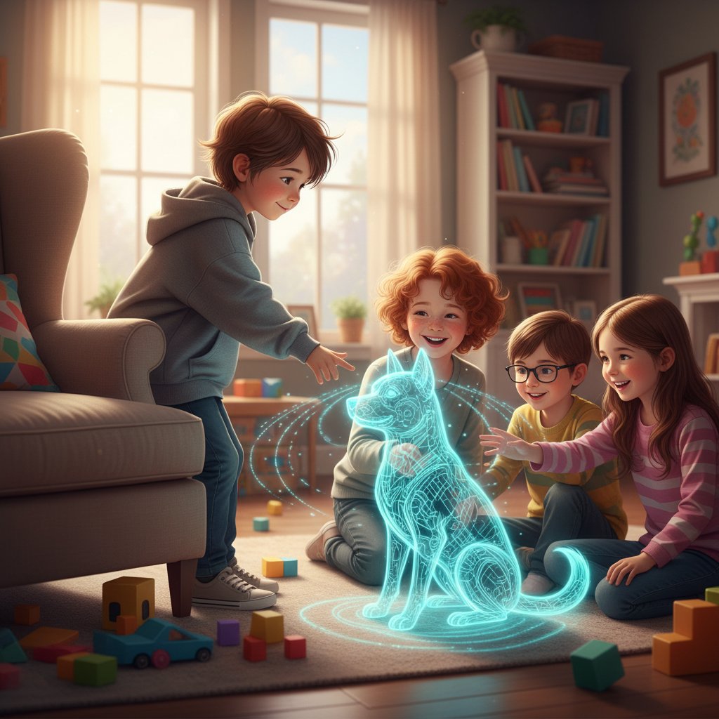 Nieśmiałe dziecko otwiera się na rówieśników po treningu z cyfrowym psem, emocjonalna scena