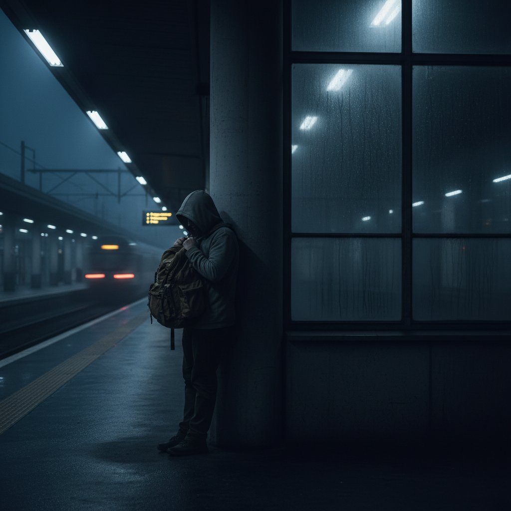 Porównanie osoby nieśmiałej z osobą z osobowością unikającą, oba stoją na peronie, ale osoba z AvPD stoi w cieniu z boku