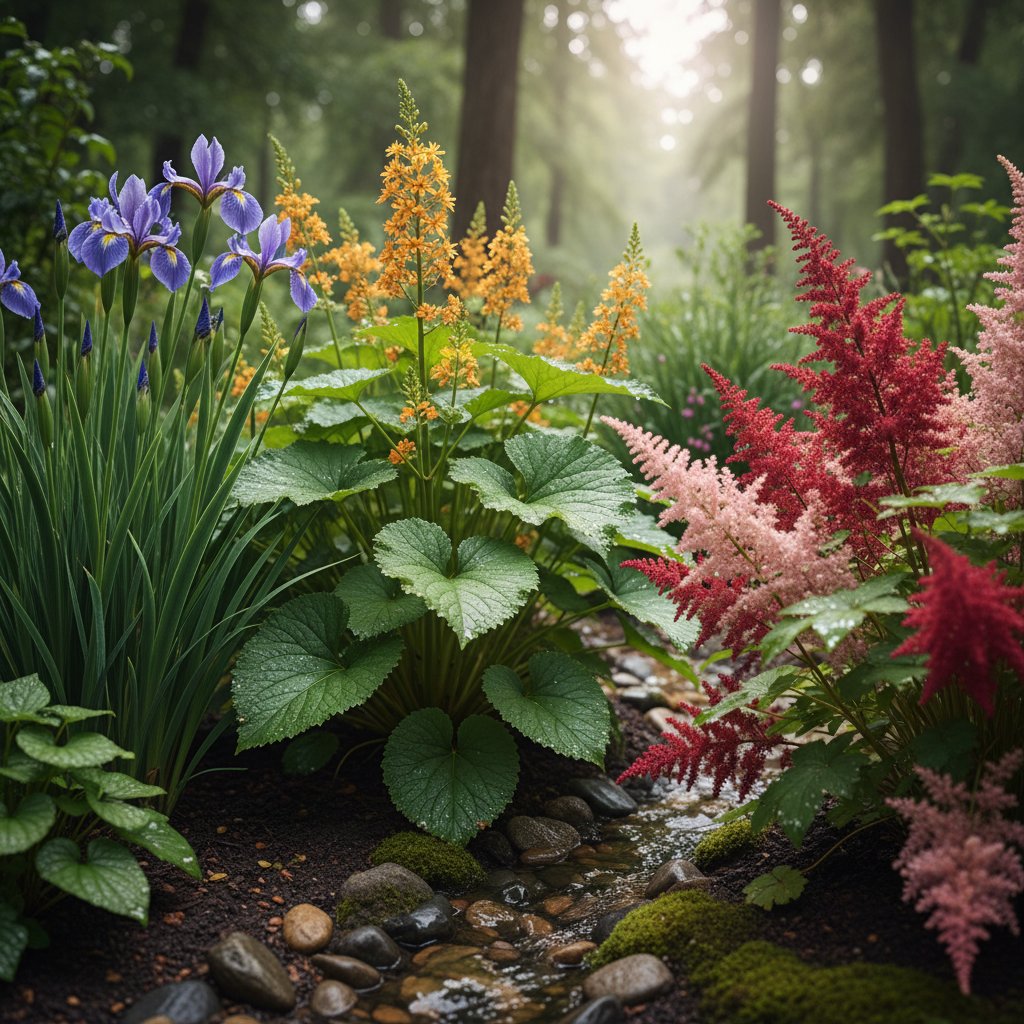 Byliny na mokrym terenie: irys syberyjski, języczka, tawułka wokół oczka wodnego