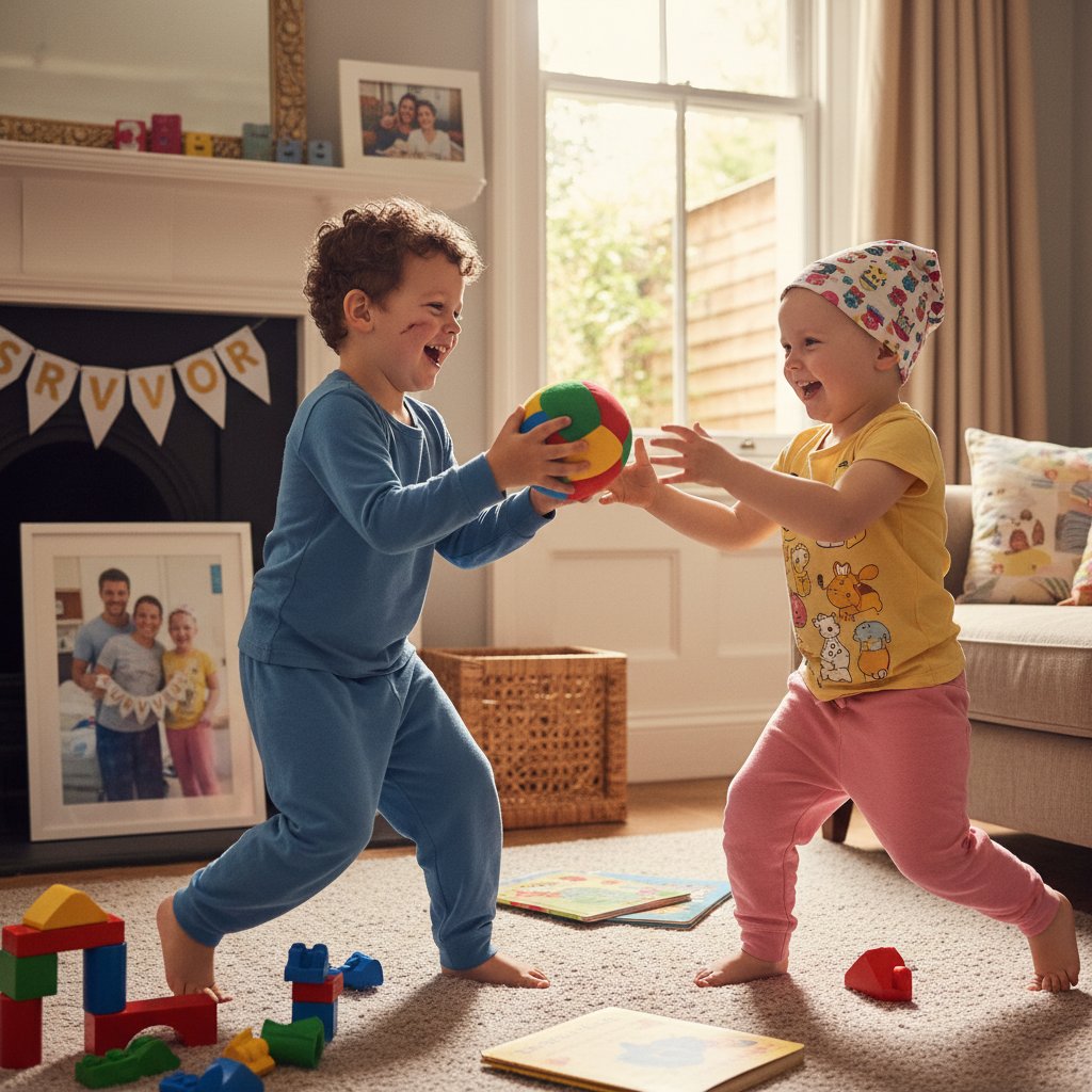Rodzeństwo bawiące się razem w domu, powrót do życia po białaczce dziecięcej