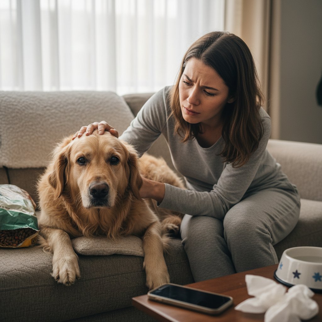 Pies leżący na kanapie, wyraźnie osłabiony, właściciel zaniepokojony