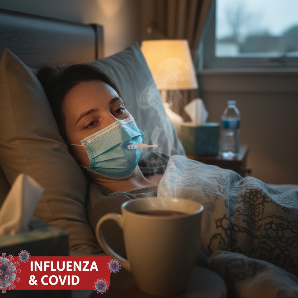 Zdjęcie trzech chorych osób leżących w łóżku: jedna z termometrem (grypa), druga z kubkiem herbaty (przeziębienie), trzecia z maseczką (COVID-19)