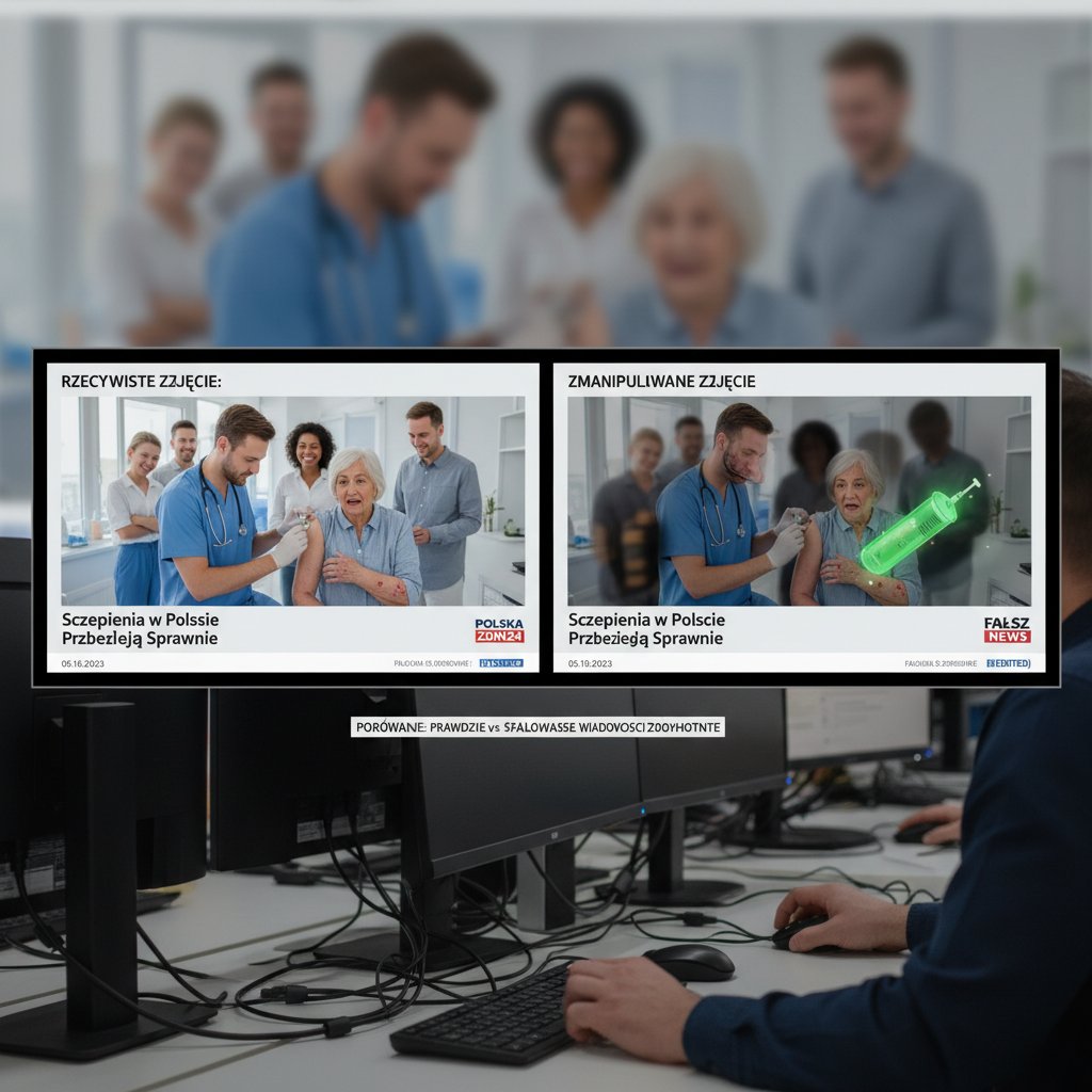 Porównanie autentycznego i zmanipulowanego zdjęcia w polskich newsach zdrowotnych, wyraźne oznaczenia, dokumentalny styl, SEO: wiadomości zdrowotne, manipulacja, zdjęcie