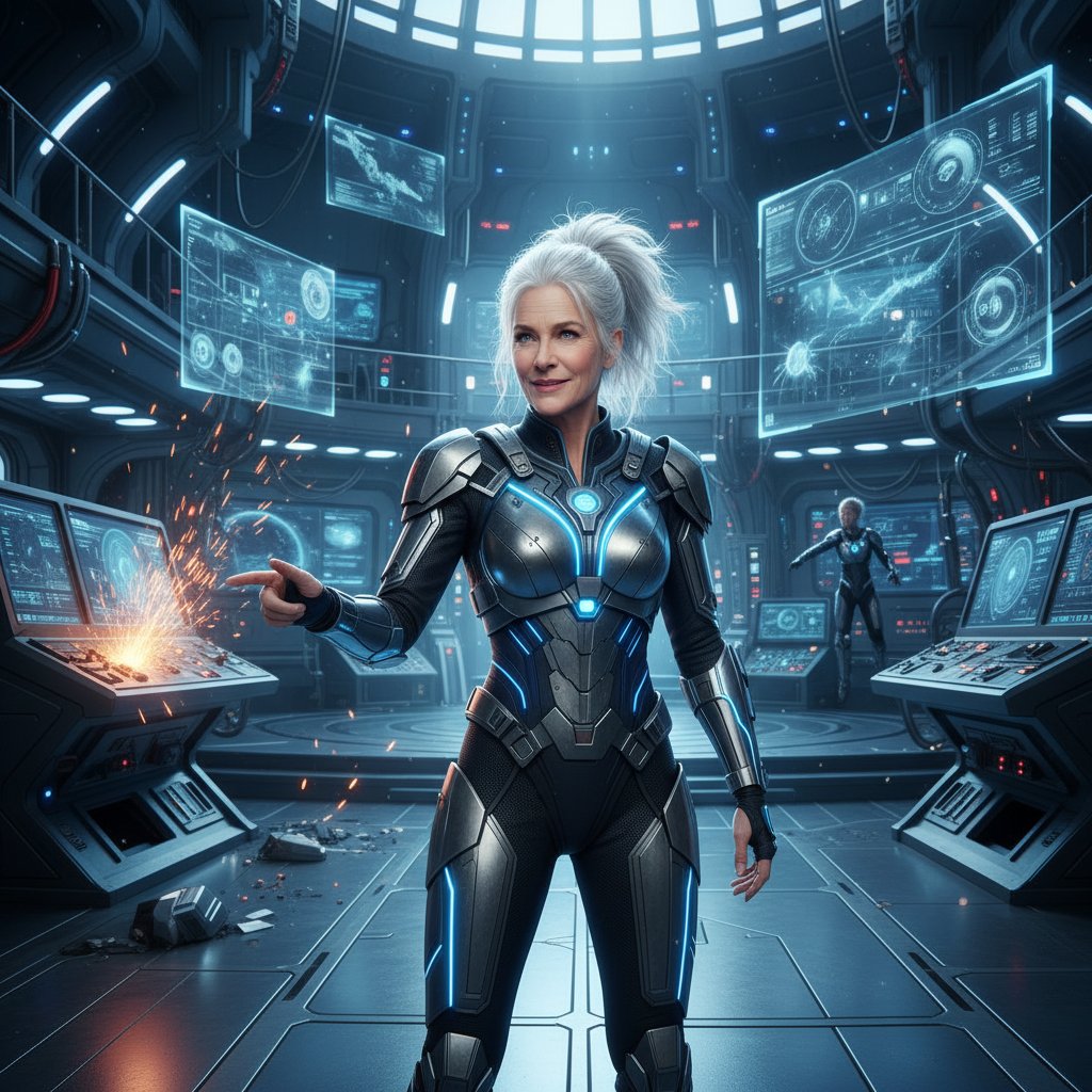 Sigourney Weaver on set of latest film, futuristic set, energetic mood