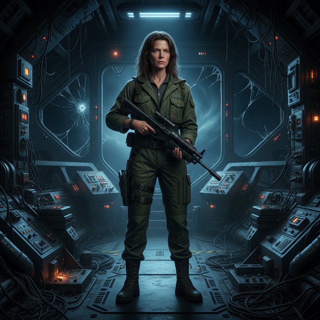 Sigourney Weaver as Ripley, spaceship background, cinematic lighting