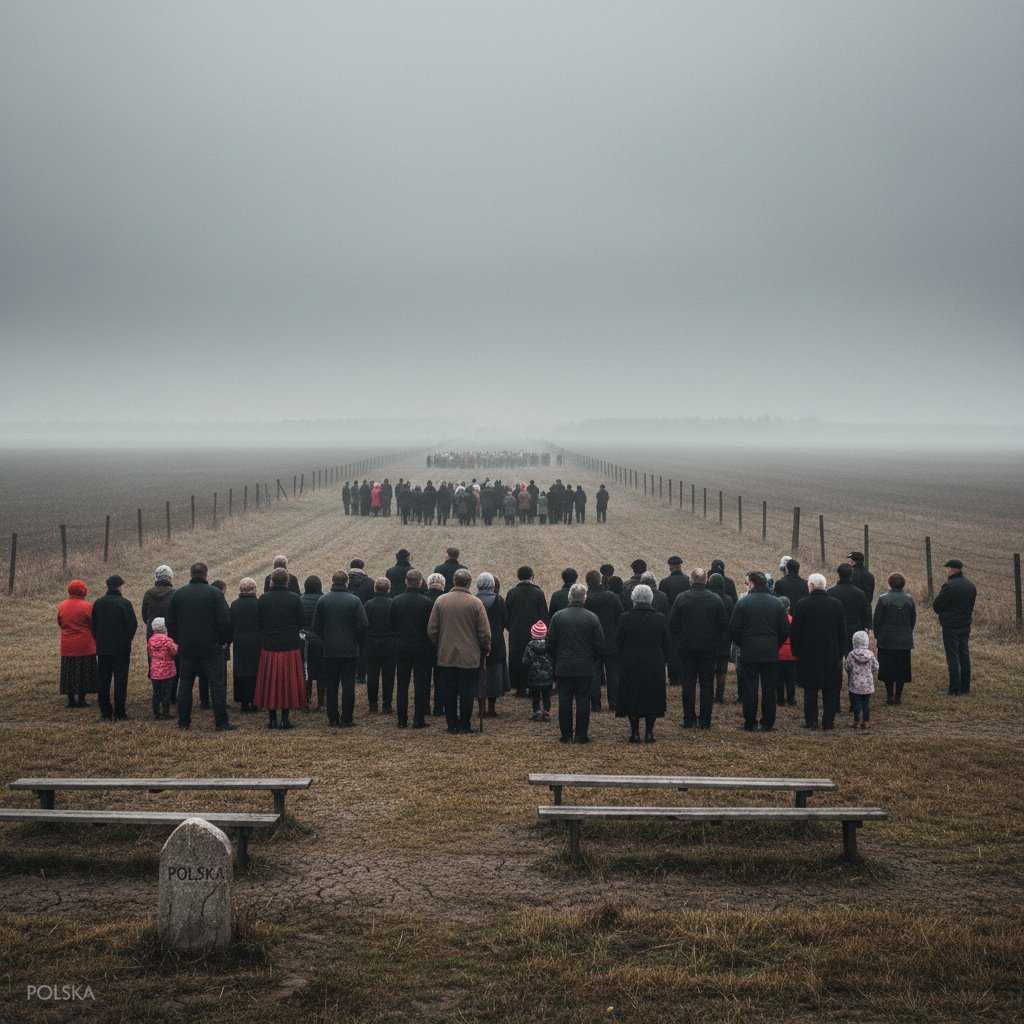 Tłum stojący w milczeniu, różne pokolenia, niepewność, dystans, Polska