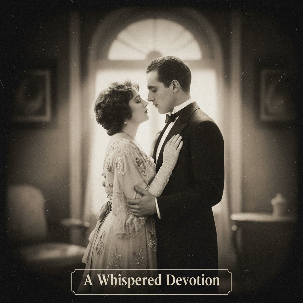 Silent era film still of intimate moment, black-and-white two figures gazing with longing in old film grain