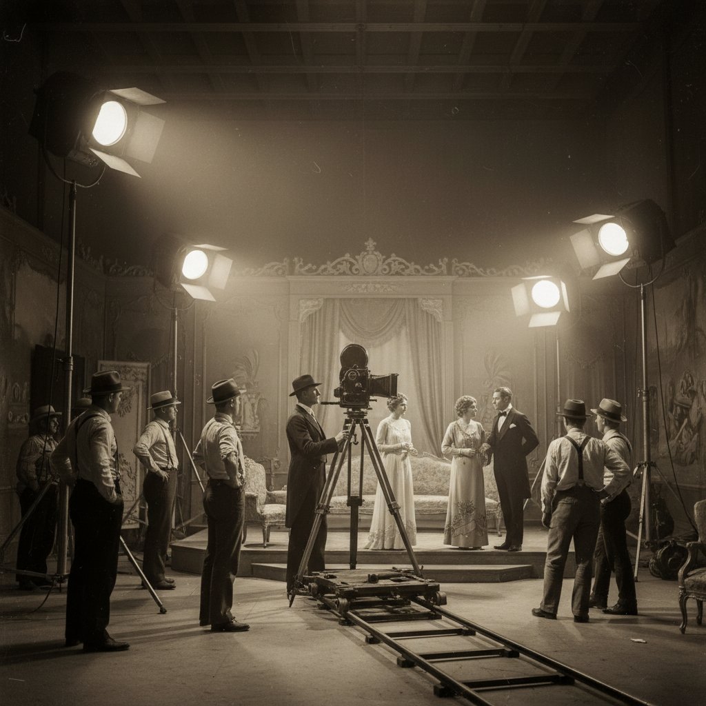 Moody black-and-white 1920s film set with dramatic lighting and vintage cameras, capturing the tense, creative energy of early filmmaking