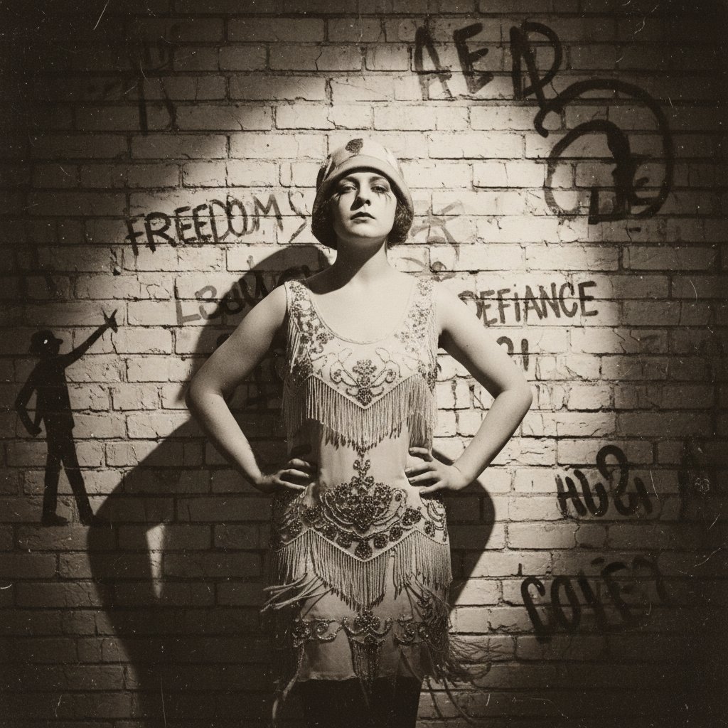 Surreal photo of a silent era actress in a rebellious pose, strong shadows and a modern graffiti backdrop