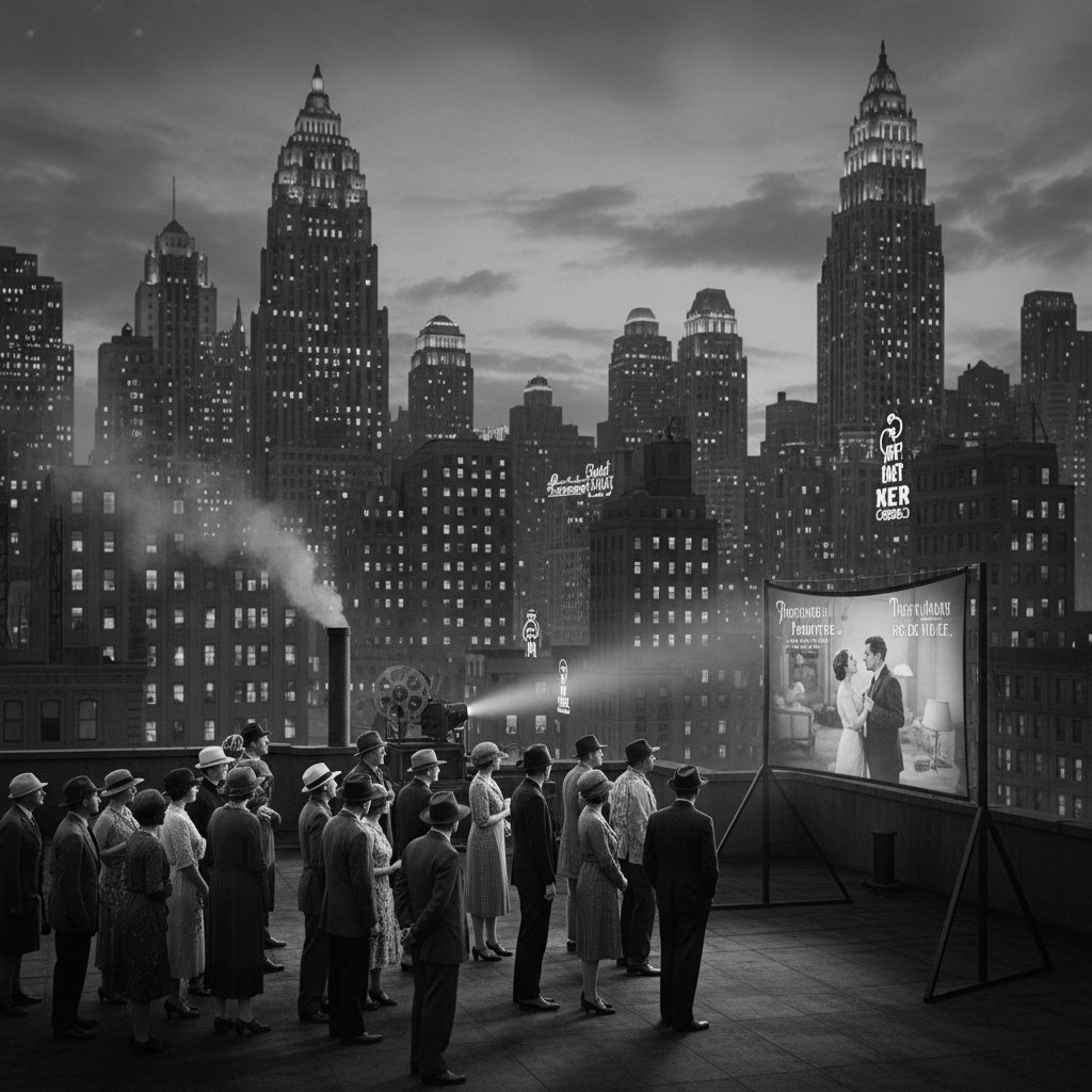 Diverse group of people watching a silent film together, city skyline in background, communal hopeful mood