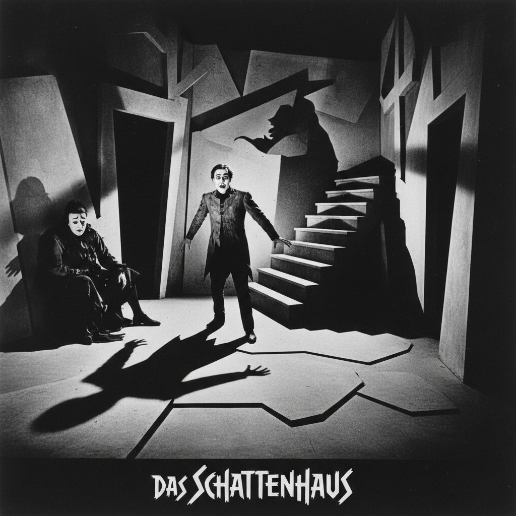 Expressionist-inspired image with angular shadows and abstract set design, intense artistic silent film atmosphere