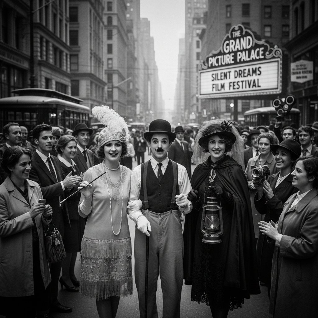 Young fans cosplaying as silent movie icons in an urban setting, playful passionate energy