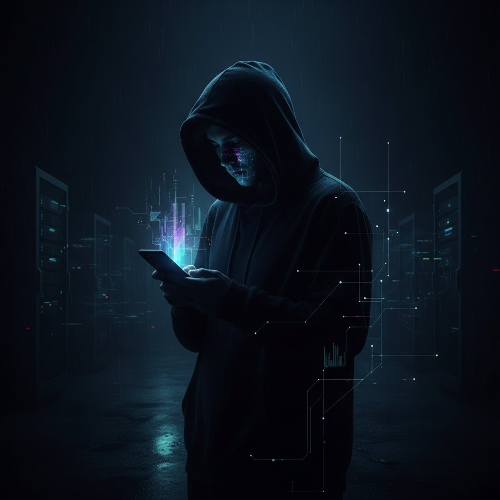 Dunkle Silhouette blickt im Dunkeln auf ein hell erleuchtetes Handy, symbolisiert Risiken und Isolation durch digitale Begleiter