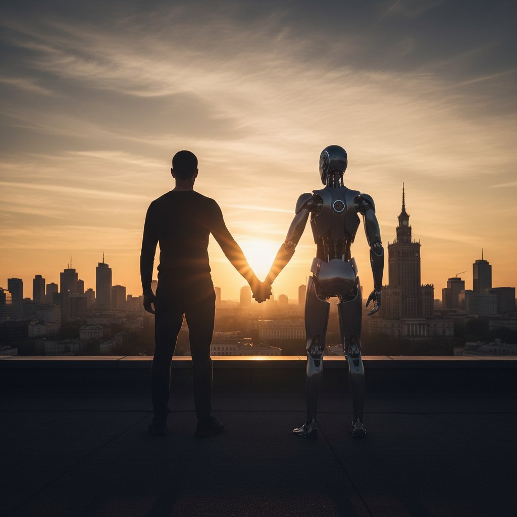 Sylwetka człowieka i robota na tle wschodu słońca nad Warszawą