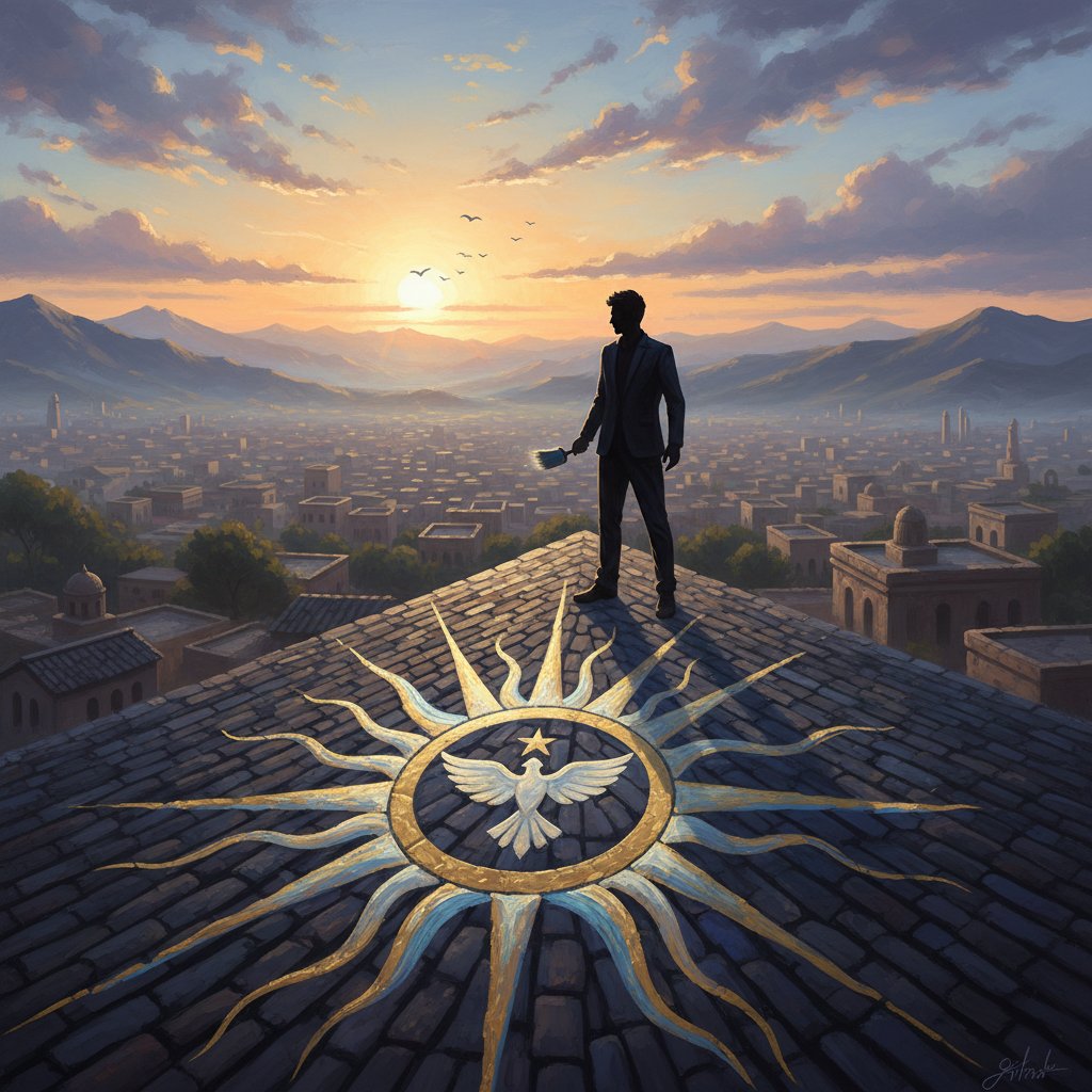 Sylwetka osoby malującej gigantyczny symbol na dachu o wschodzie słońca, inspiracja, nadzieja, symbolika przemiany