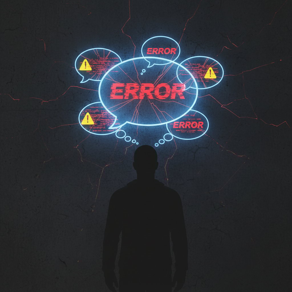 Sylwetka osoby przed ścianą błędnych dymków czatu