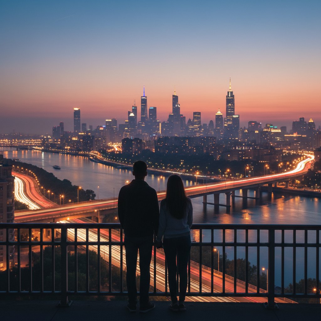 Silhouetted couple on bridge, city lights, hopeful modern dating mood, embracing uncertainty