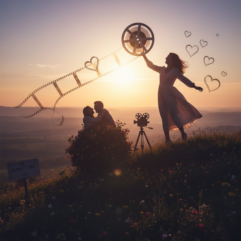 Symbolic shot of a silhouetted figure holding a film reel at sunrise, hopeful mood, representing the future of secret romance comedy