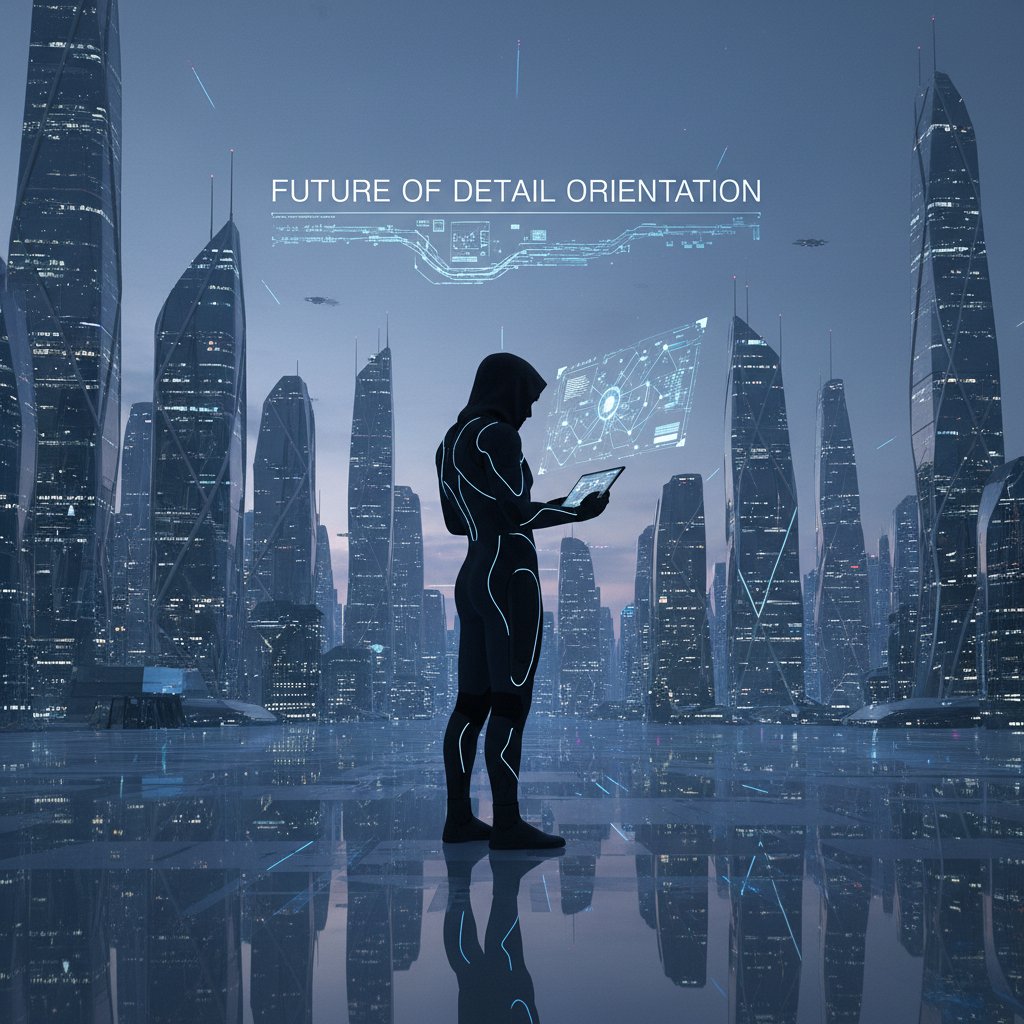 Editorial shot of a silhouetted worker overlooking a city at dusk, symbolizing reflection on the future of detail orientation