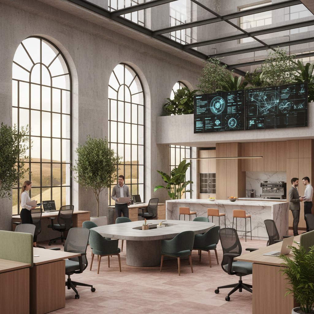 Nowoczesne biuro AI w Dolinie Krzemowej, kontrastujące z europejskim stylem pracy