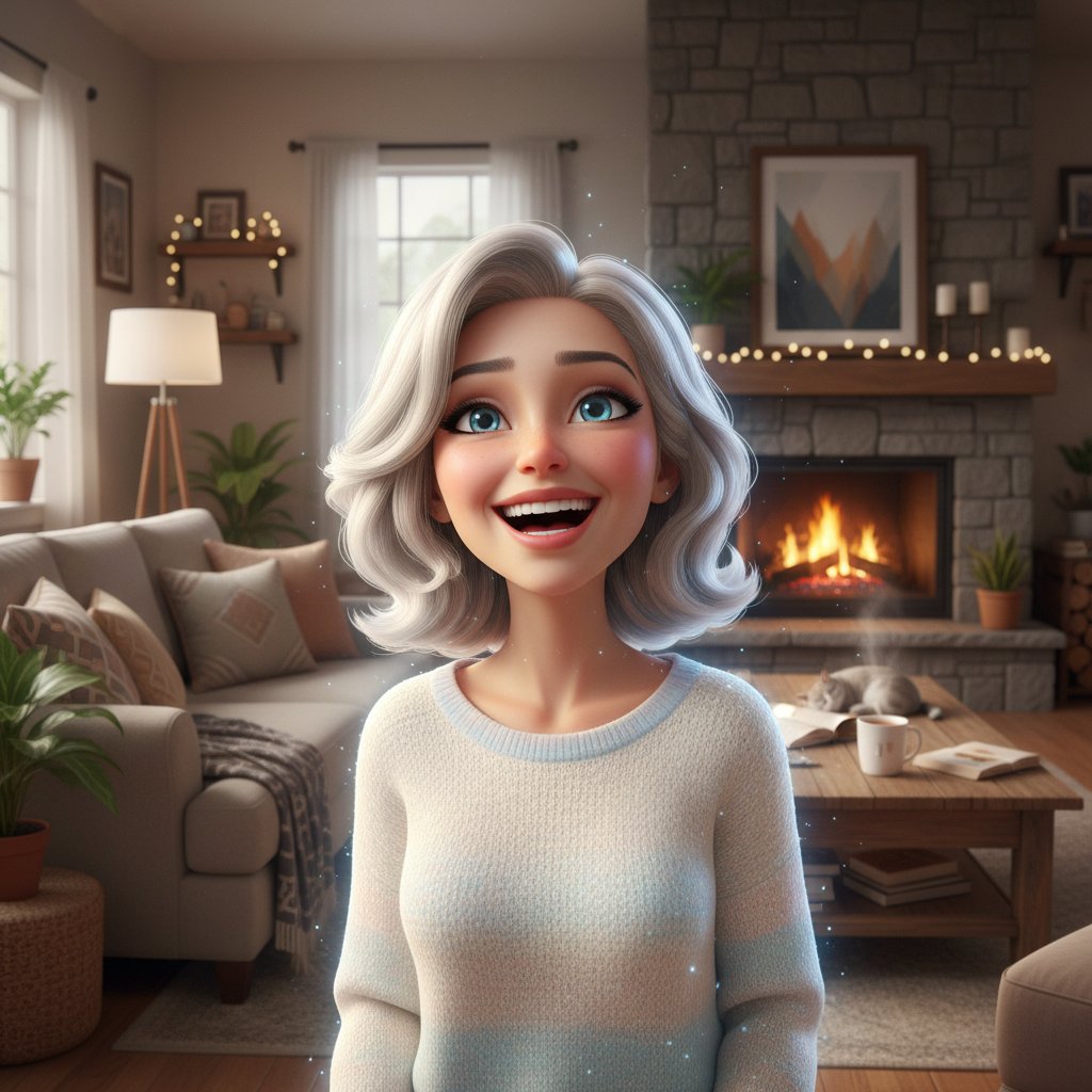 Starsza kobieta ze srebrnymi włosami i awatarem wirtualnego asystenta śmieją się razem, przytulny dom