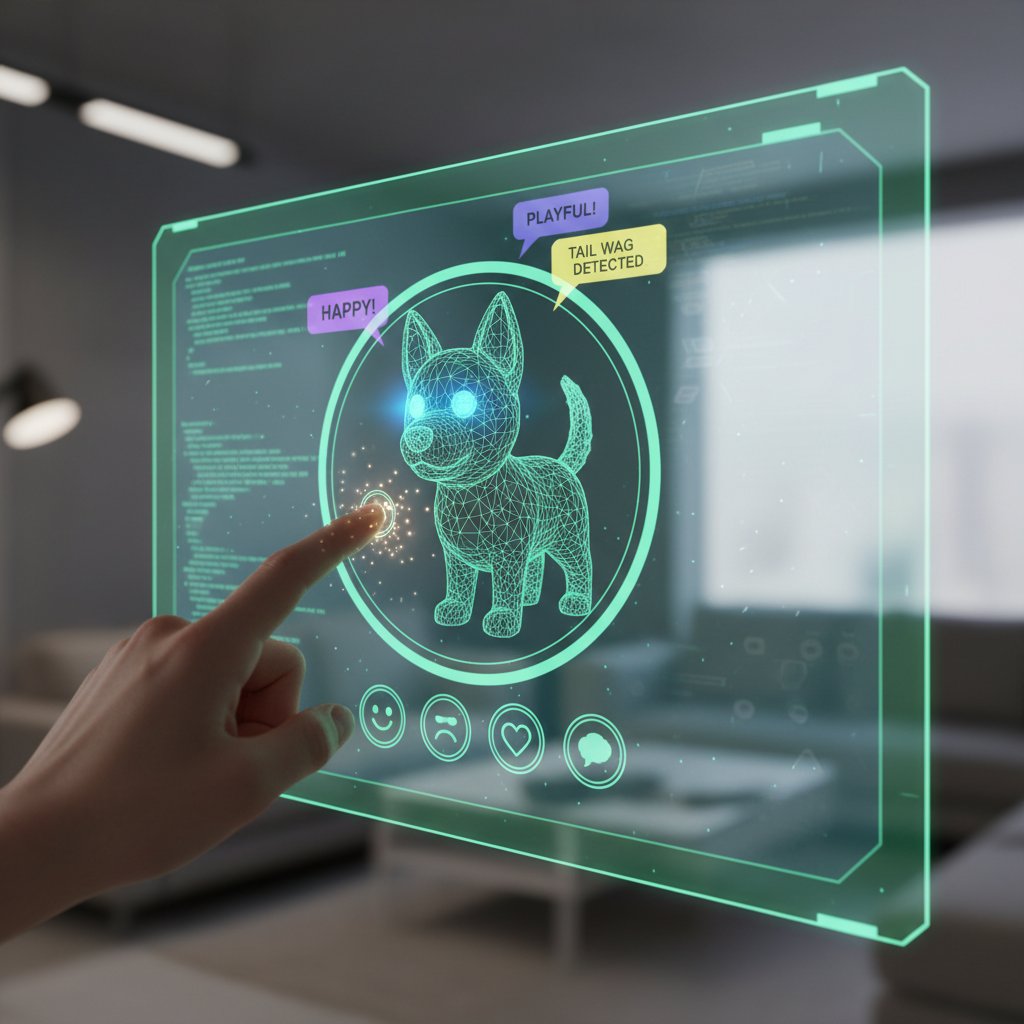 Symulacja ekranu rozmowy z wirtualnym pieskiem, który rozpoznaje emocje użytkownika