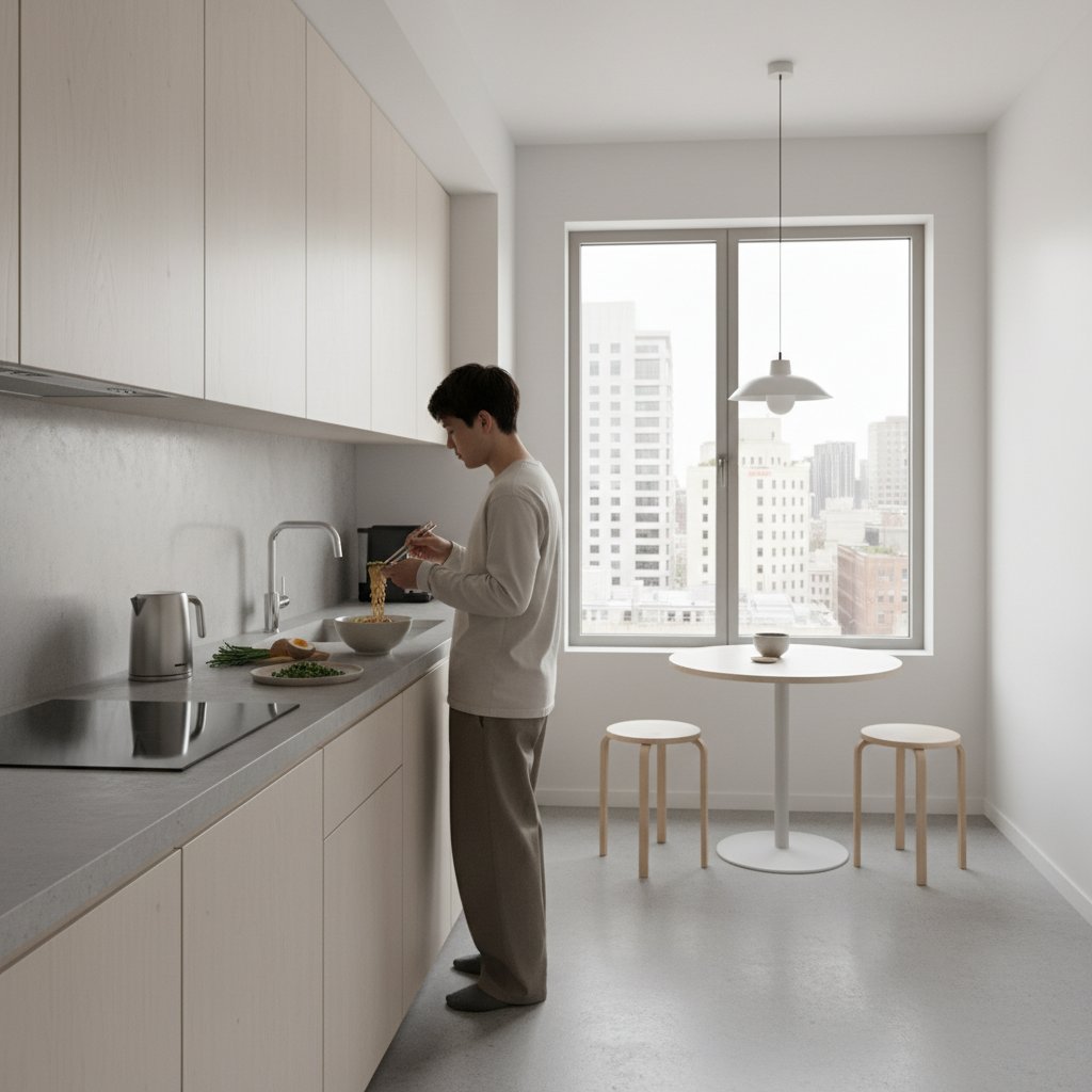 Singiel przygotowujący szybki posiłek w małym miejskim mieszkaniu, minimalistyczny wystrój
