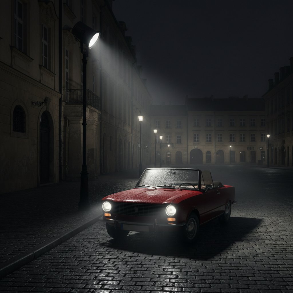 Samochód flotowy oświetlony reflektorem na pustej ulicy – symbol wyboru i zmiany