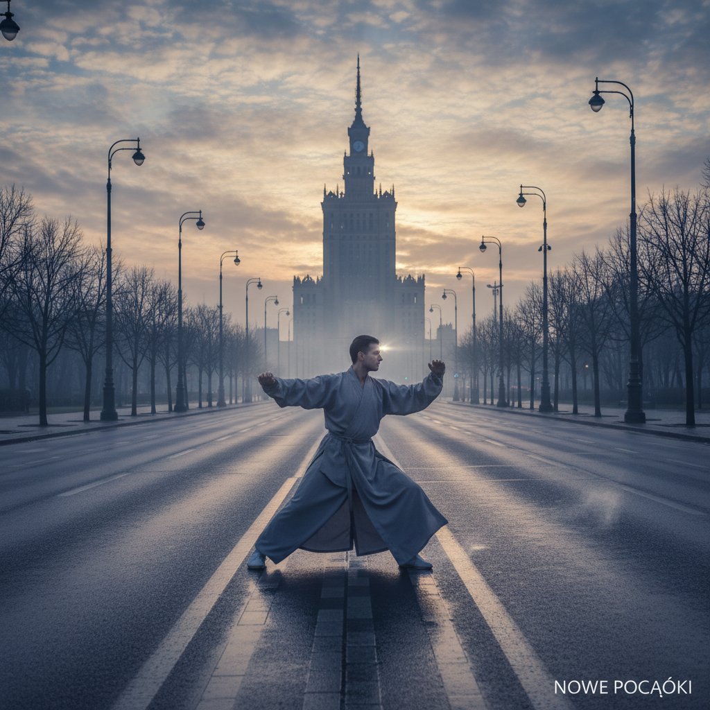 Osoba ćwicząca tai chi o świcie na pustej ulicy w Warszawie, nastrojowa, filmowa atmosfera