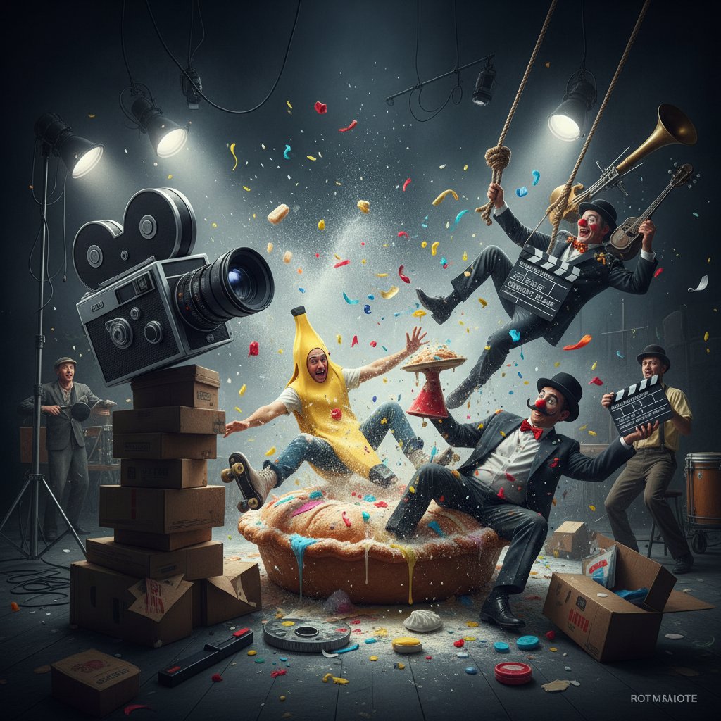 A single film camera capturing a chaotic comedy scene with actors in motion